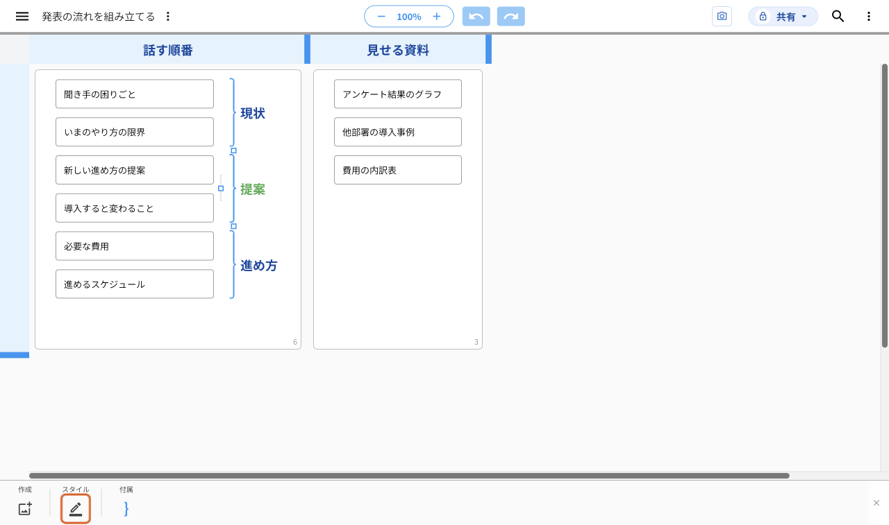 「提案」の中カッコの線をクリックして選んだ画面。画面下のツールバーの「スタイル」にある「線の色」のボタンを、オレンジの枠で示している