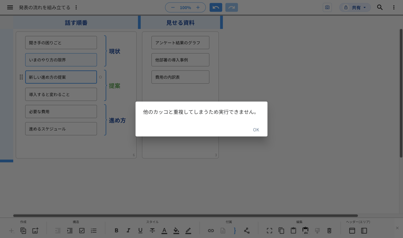 すでに別の中カッコに入っている行をまたいで選び、中カッコを付けようとした画面。「他のカッコと重複してしまうため実行できません。」と表示されている