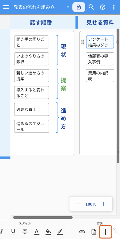 スマートフォン幅でidea Laneを開いた画面。アイディアを1つタップして選び、画面下のバーを右へスクロールしたところにある中カッコのボタンを、オレンジの枠で示している
