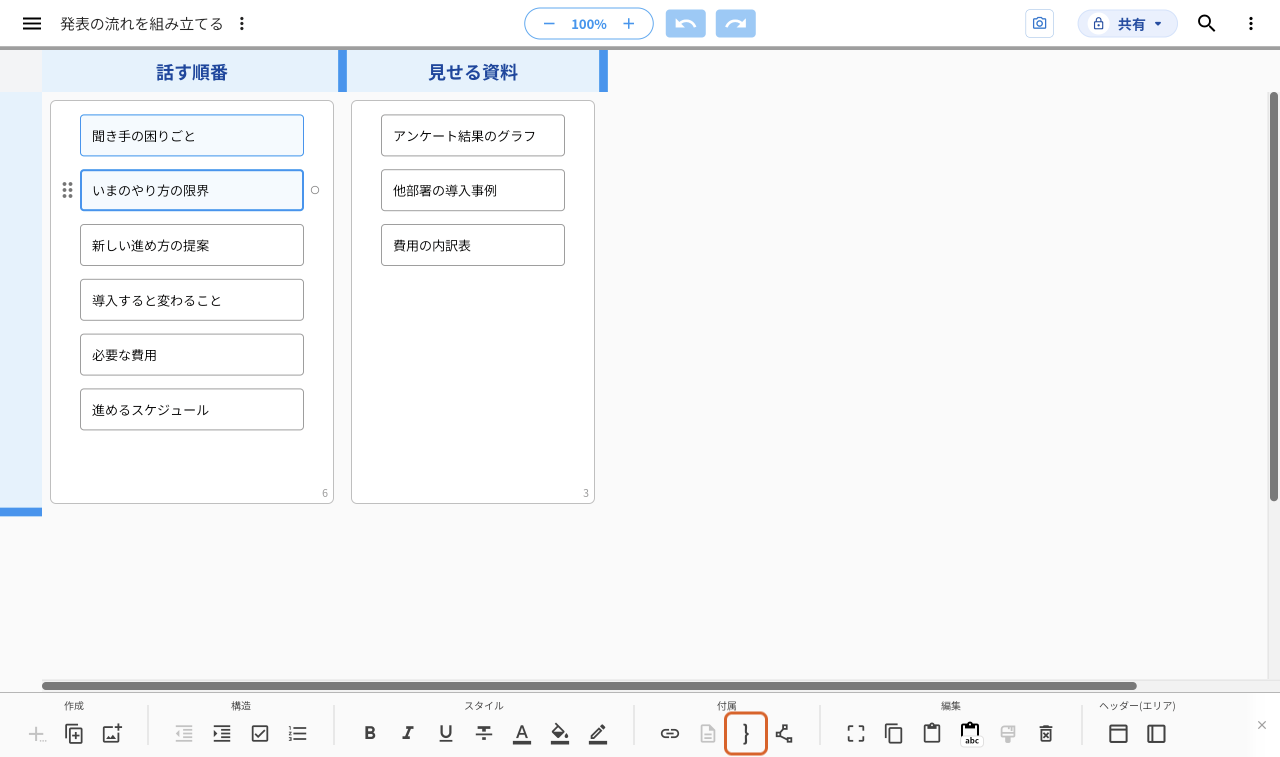 アイディア「聞き手の困りごと」と「いまのやり方の限界」の2行を選んだ画面。画面下のツールバーの「付属」グループにある中カッコのボタンを、オレンジの枠で示している