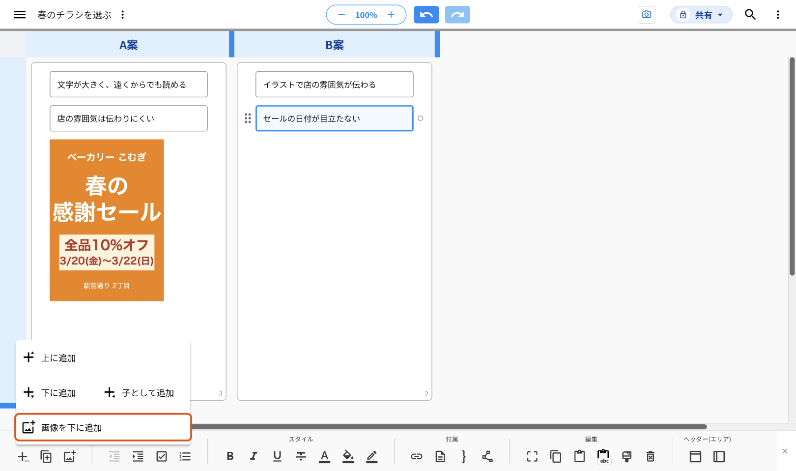 アイディア「セールの日付が目立たない」を選び、ツールバー左端の「新規アイディア」を押して出したメニュー。「上に追加」「下に追加」「子として追加」の下にある「画像を下に追加」を、オレンジの枠で示している