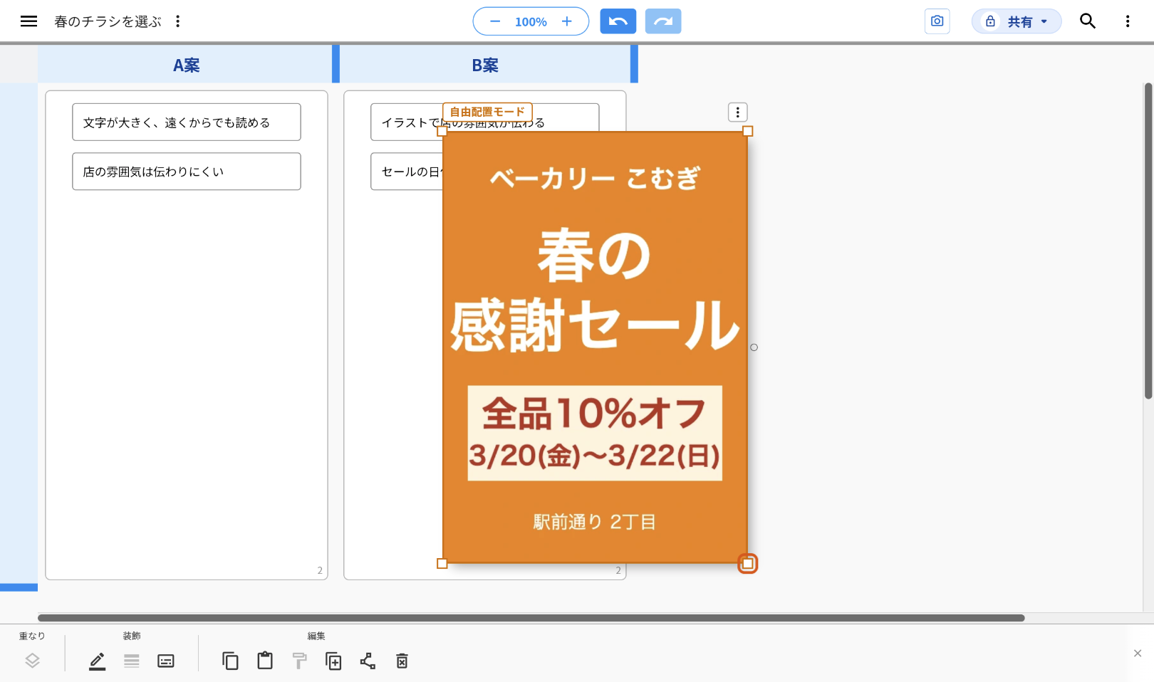 追加した直後の画面。画面の真ん中にチラシの画像が選ばれた状態で置かれ、左上に「自由配置モード」、四隅に小さな四角が出ている。右下の四角をオレンジの枠で示している