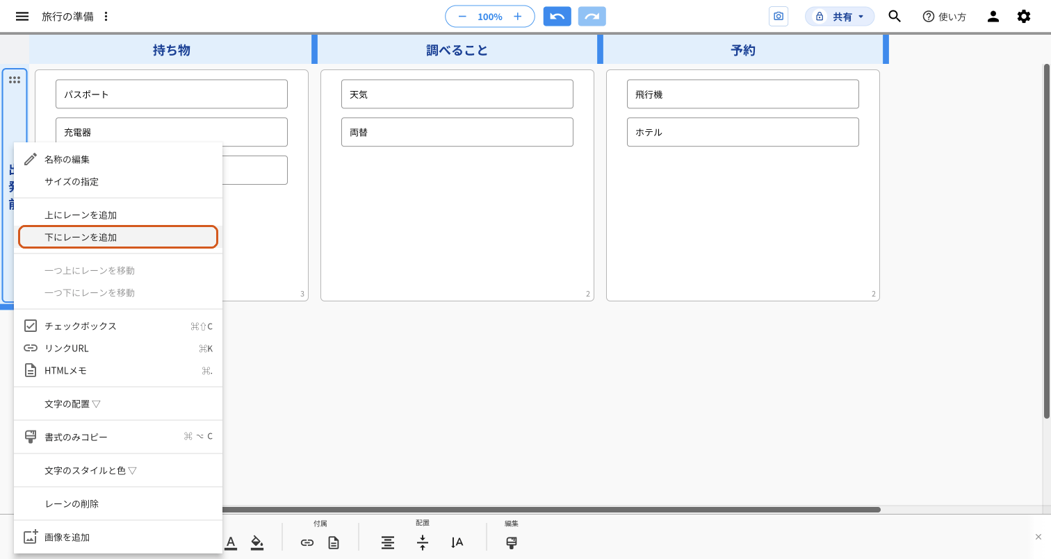 左端の横のレーン「出発前」の見出しを右クリックしてメニューを出した画面。メニューの「下にレーンを追加」をオレンジの枠で示している