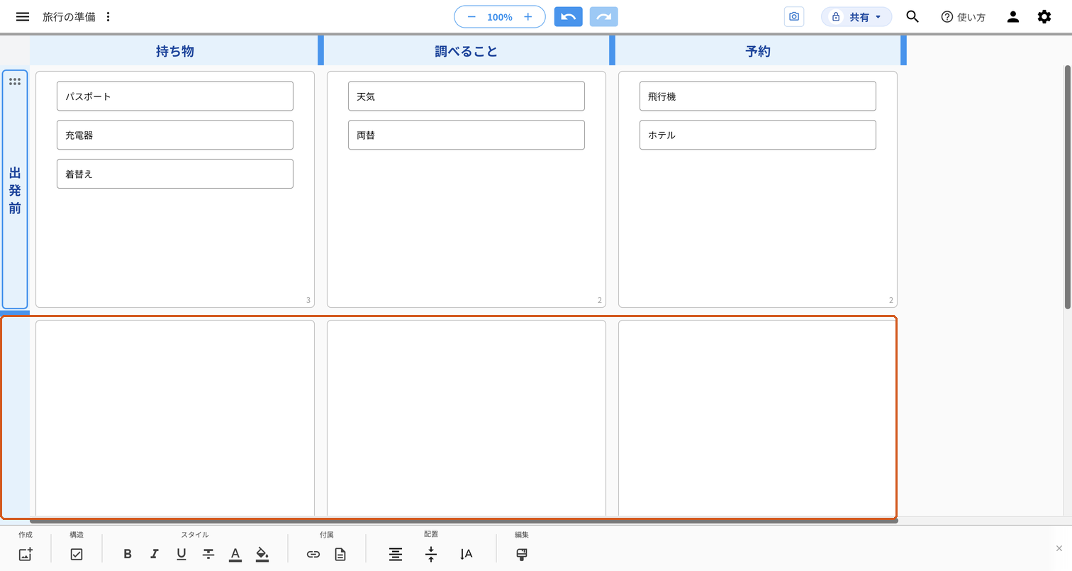 「出発前」の下に、名前の無い横のレーンが1本でき、空のエリアが3つ並んだ画面。新しい横のレーンの行全体をオレンジの枠で示している