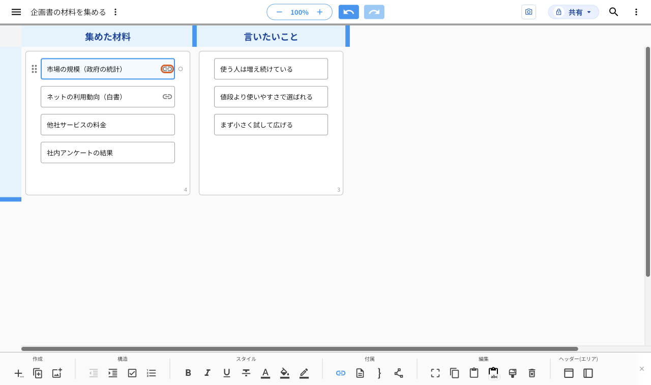 「市場の規模（政府の統計）」の右端に出たリンクの印を、オレンジの枠で示している。下の「ネットの利用動向（白書）」にも同じ印が付いている
