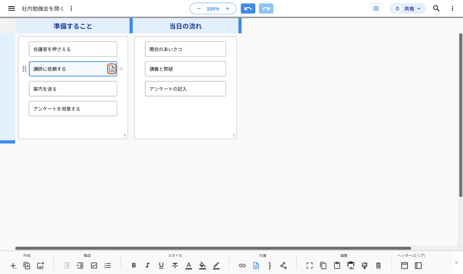 「OK」を押した後の画面。アイディア「講師に依頼する」の右端に出た紙の形の印を、オレンジの枠で示している