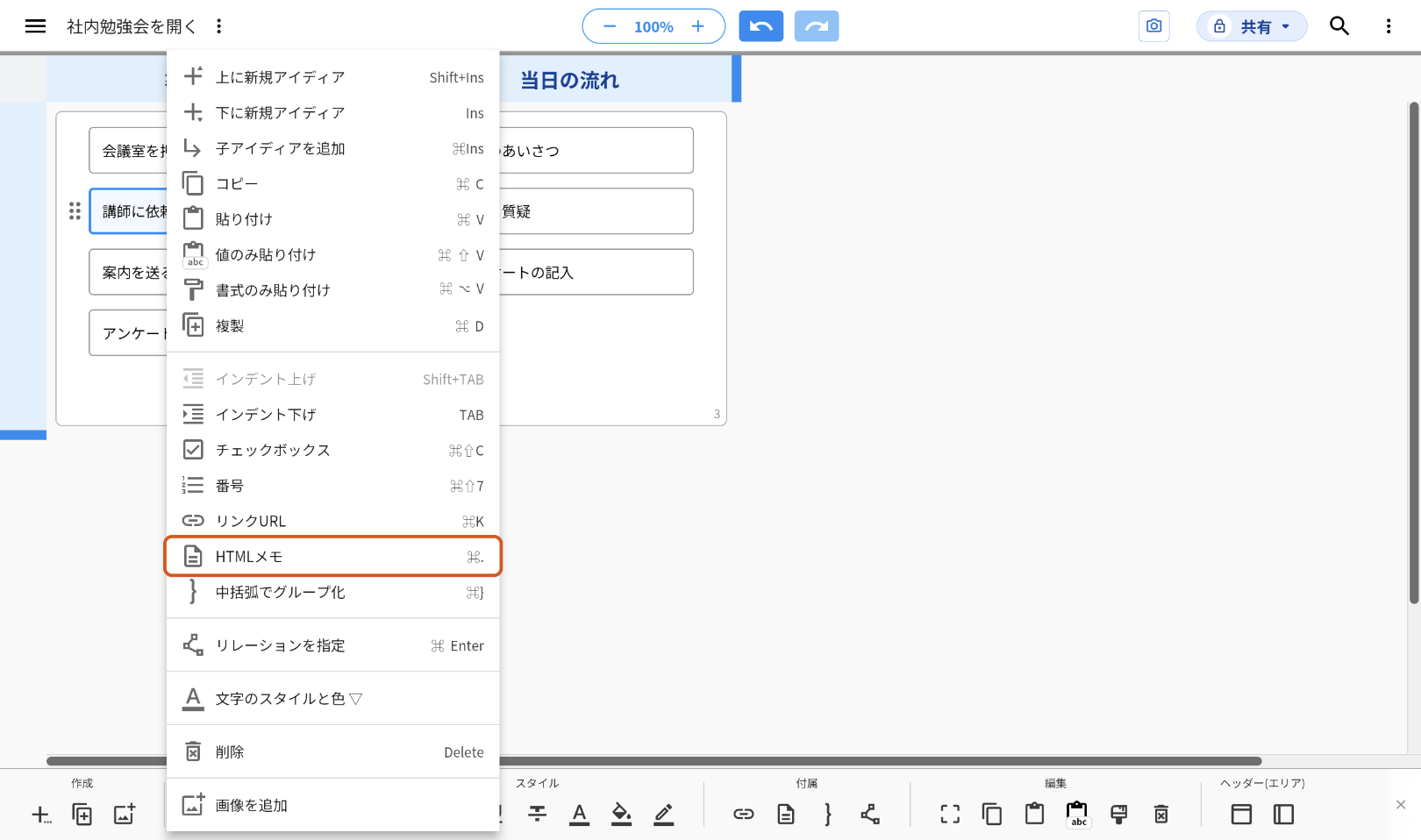 アイディア「講師に依頼する」を右クリックしてメニューを出した画面。「HTMLメモ」をオレンジの枠で示している