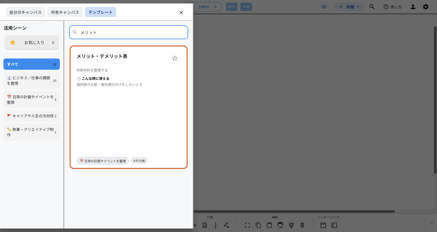 検索で出た「メリット・デメリット表」のカード全体をオレンジの枠で示している