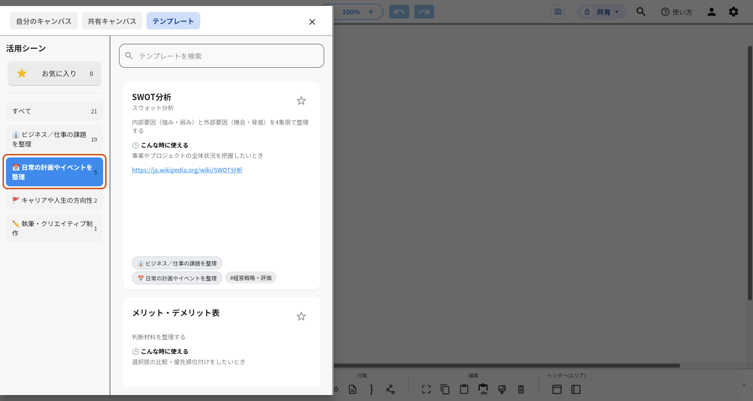 テンプレートの一覧の左にある「活用シーン」で「日常の計画やイベントを整理」を選んだ画面。選んだ項目をオレンジの枠で示しており、右にそのシーンのテンプレートのカードが並んでいる