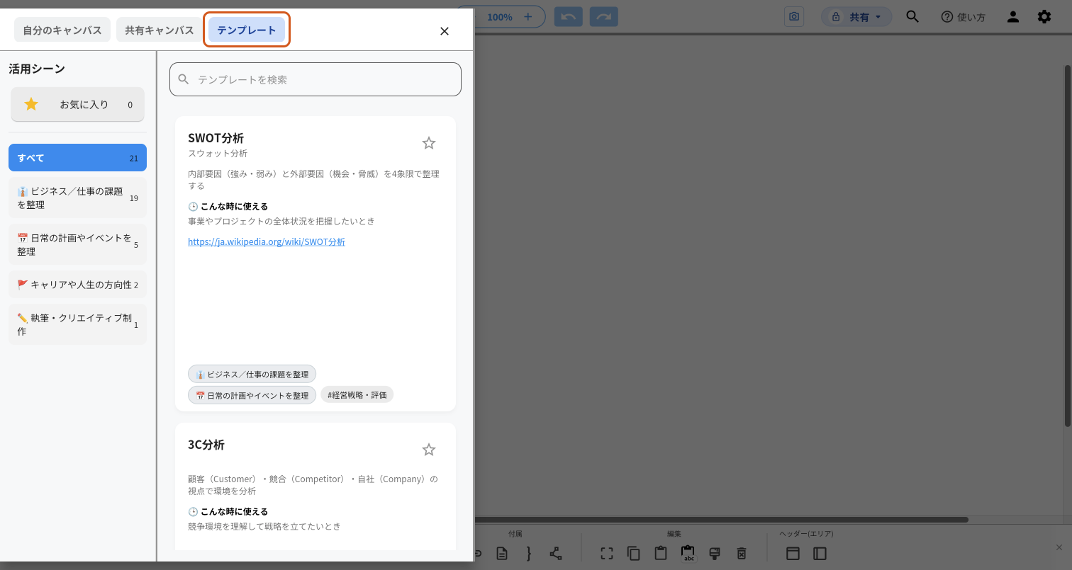 キャンバスの一覧を開き、上のタブ「テンプレート」を選んだidea Laneの画面。タブ「テンプレート」をオレンジの枠で示している。左に「活用シーン」、右に「テンプレートを検索」の入力欄とテンプレートのカードが並んでいる