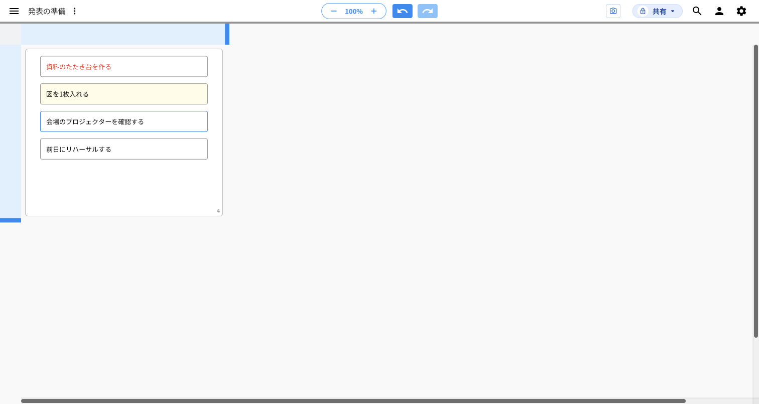 idea Laneの画面全体。1つ目のアイディアは文字が赤、2つ目は背景が薄い黄色、3つ目は枠線が青になり、4つ目は変えていない