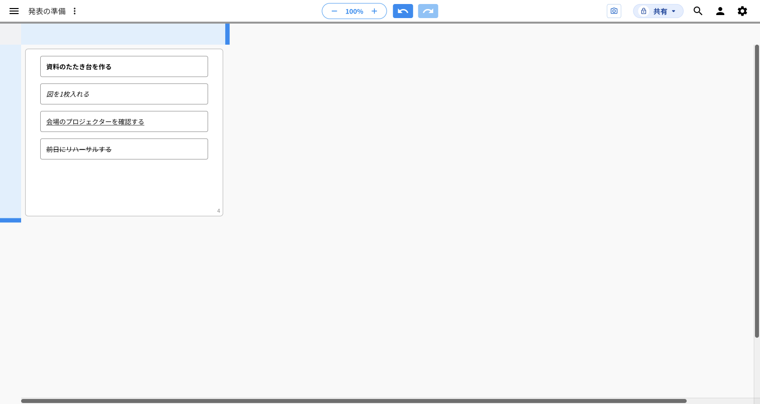 idea Laneの画面全体。縦に並んだ4つのアイディアが、上から順に太字、斜体、下線、取消線になっている