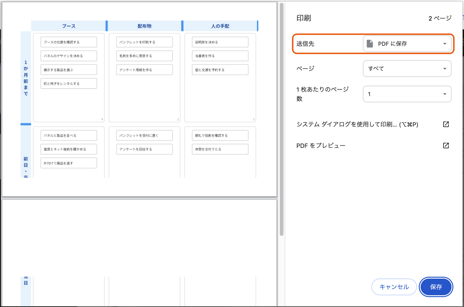 Google Chrome の印刷画面。左にPDFのプレビュー、右に「送信先」「ページ」などの設定と「キャンセル」「保存」のボタンがある。「送信先」は「PDF に保存」になっていて、オレンジの枠で示している