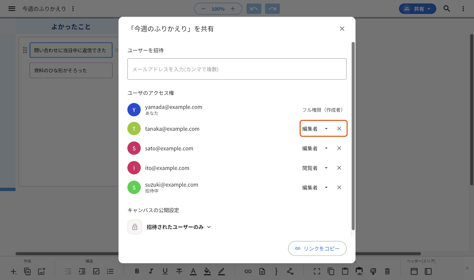 共有の画面の「ユーザのアクセス権」。招待した4人が並び、tanaka@example.com の行の右にある「編集者」のプルダウンと「×」をオレンジの枠で示している