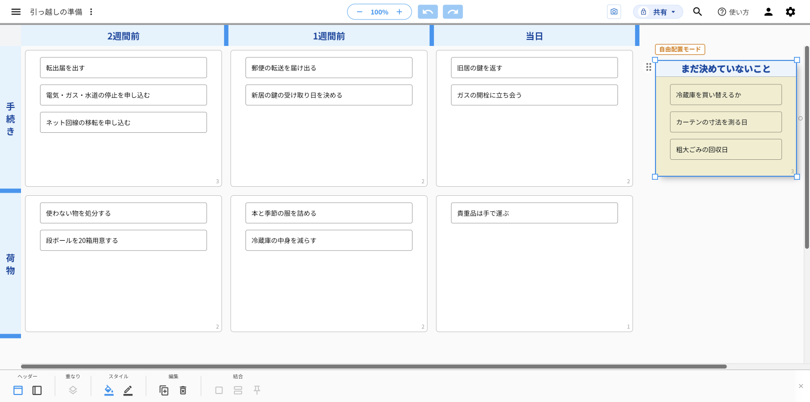 自由配置のエリア「まだ決めていないこと」を1回押して選んだidea Laneの画面。左上に「自由配置モード」と「⠿」、四隅に小さな四角が出ている