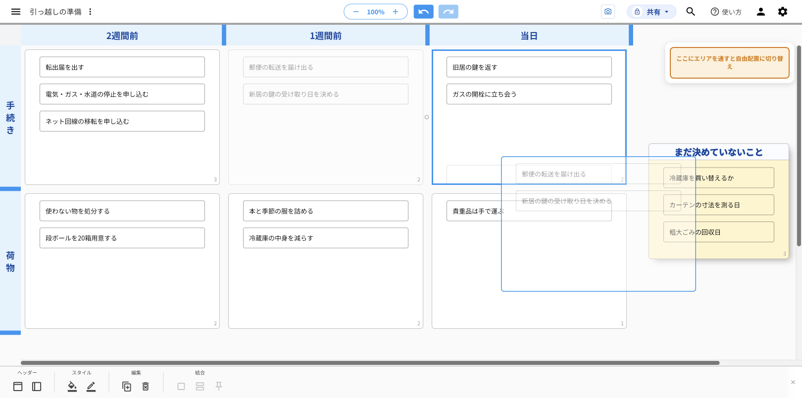 マスのエリアを「⠿」でドラッグしている途中のidea Laneの画面。画面の右上に「ここにエリアを通すと自由配置に切り替え」と出ている